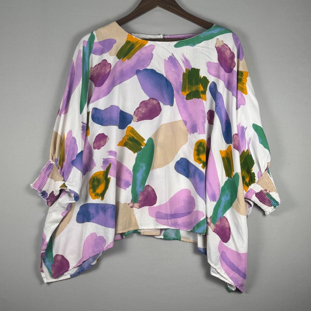 Entro Abstract Brushstroke Top Women Medium Multi Excellent Smocked Cuff Blouse